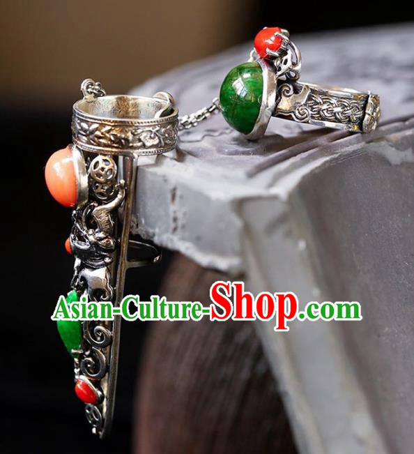 Chinese Traditional Handmade Accessories Nail Wrap with Jadeite Ring National Retro Silver Jewelry Chinese Traditional Handmade Accessories Nail Wrap with Jadeite Ring National Retro Silver Jewelry