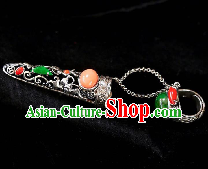 Chinese Traditional Handmade Accessories Nail Wrap with Jadeite Ring National Retro Silver Jewelry Chinese Traditional Handmade Accessories Nail Wrap with Jadeite Ring National Retro Silver Jewelry
