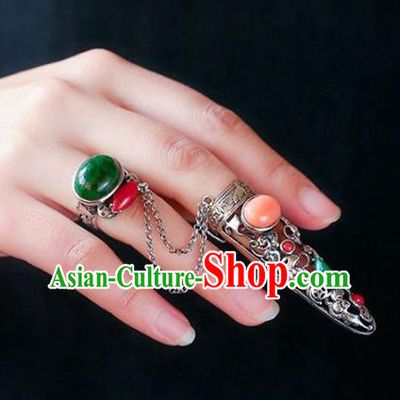 Chinese Traditional Handmade Accessories Nail Wrap with Jadeite Ring National Retro Silver Jewelry