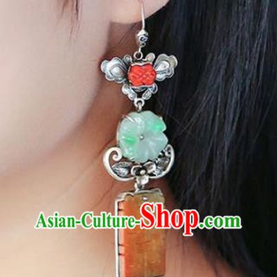 Handmade China Traditional Wedding Jewelry Accessories Cheongsam Jade Eardrop National Silver Earrings