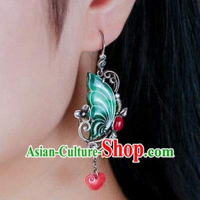 Handmade China Cheongsam Agate Cloud Eardrop National Jade Butterfly Earrings Traditional Wedding Jewelry Accessories