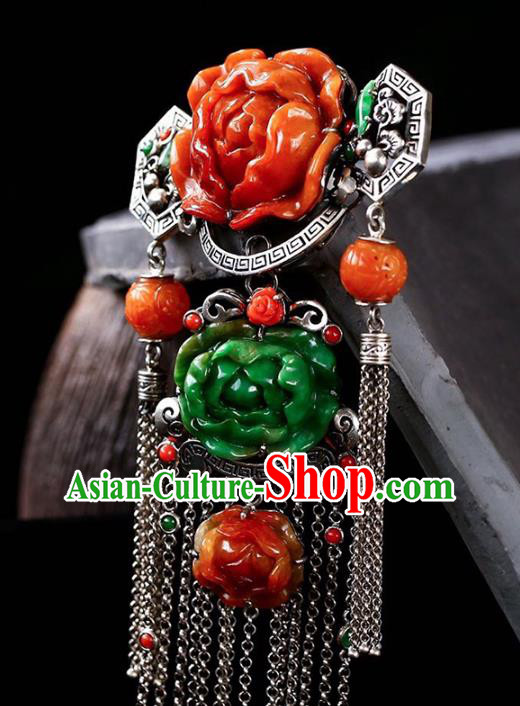 Chinese National Classical Jade Carving Peony Accessories Handmade Silver Tassel Necklet Pendant Chinese National Classical Jade Carving Peony Accessories Handmade Silver Tassel Necklet Pendant