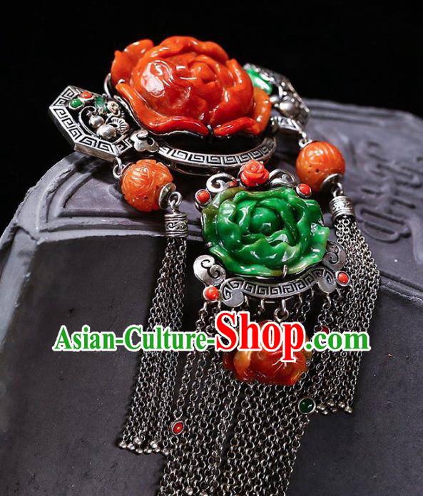 Chinese National Classical Jade Carving Peony Accessories Handmade Silver Tassel Necklet Pendant Chinese National Classical Jade Carving Peony Accessories Handmade Silver Tassel Necklet Pendant