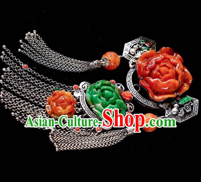 Chinese National Classical Jade Carving Peony Accessories Handmade Silver Tassel Necklet Pendant Chinese National Classical Jade Carving Peony Accessories Handmade Silver Tassel Necklet Pendant