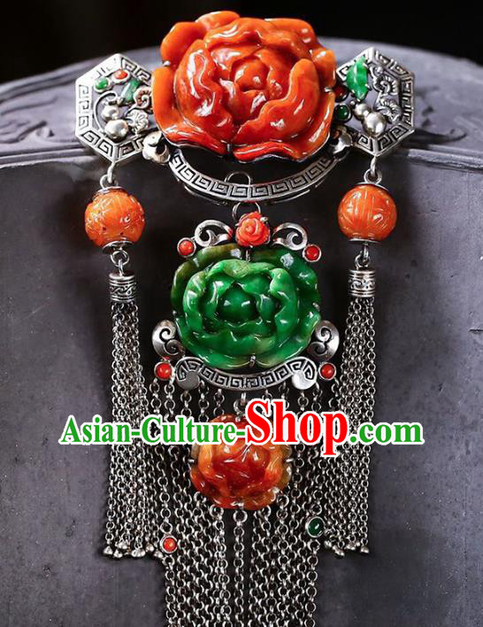 Chinese National Classical Jade Carving Peony Accessories Handmade Silver Tassel Necklet Pendant Chinese National Classical Jade Carving Peony Accessories Handmade Silver Tassel Necklet Pendant