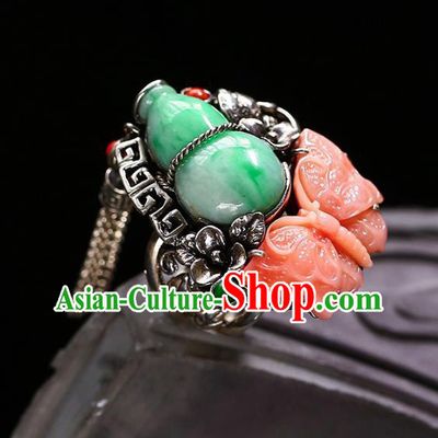 Chinese Traditional Handmade Jade Accessories Agate Butterfly Ring National Silver Circlet Jewelry