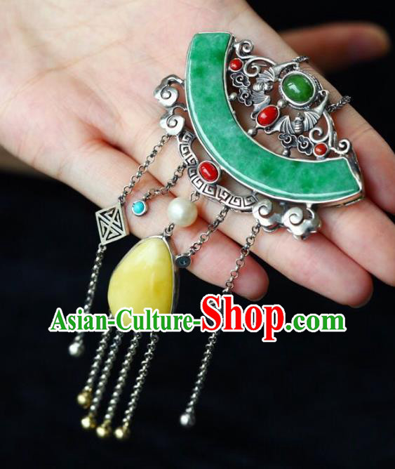 Chinese Classical Beeswax Necklet Pendant Handmade Jade Accessories National Silver Tassel Necklace
