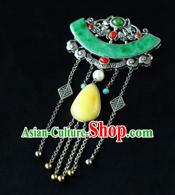 Chinese Classical Beeswax Necklet Pendant Handmade Jade Accessories National Silver Tassel Necklace