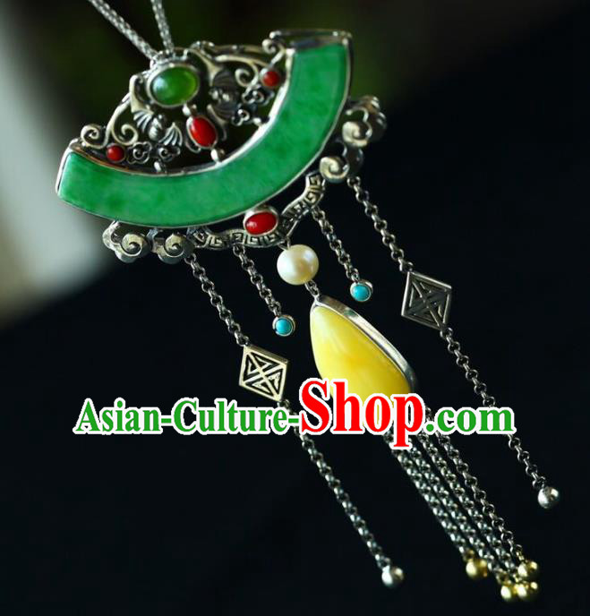 Chinese Classical Beeswax Necklet Pendant Handmade Jade Accessories National Silver Tassel Necklace