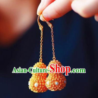 Handmade China Pearls Eardrop Jewelry Traditional Accessories National Cheongsam Golden Gourd Earrings
