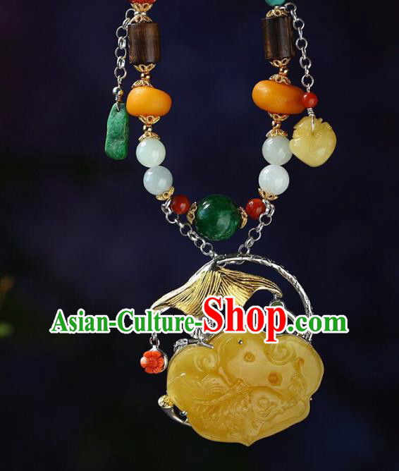 Chinese Classical Beeswax Carving Necklet Pendant Handmade Accessories National Jade Beads Necklace Chinese Classical Beeswax Carving Necklet Pendant Handmade Accessories National Jade Beads Necklace