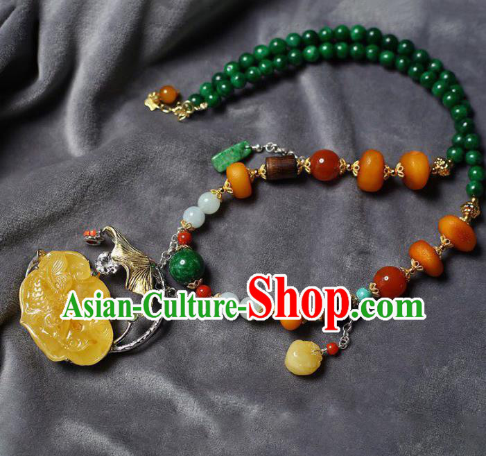 Chinese Classical Beeswax Carving Necklet Pendant Handmade Accessories National Jade Beads Necklace Chinese Classical Beeswax Carving Necklet Pendant Handmade Accessories National Jade Beads Necklace