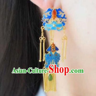 Handmade China Blueing Bat Eardrop Jewelry Traditional Accessories National Cheongsam Golden Tassel Earrings