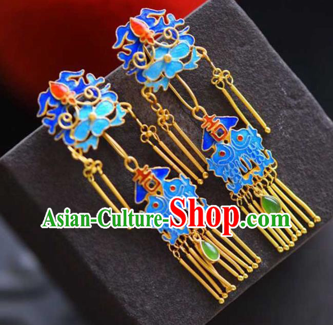 Handmade China Blueing Bat Eardrop Jewelry Traditional Accessories National Cheongsam Golden Tassel Earrings