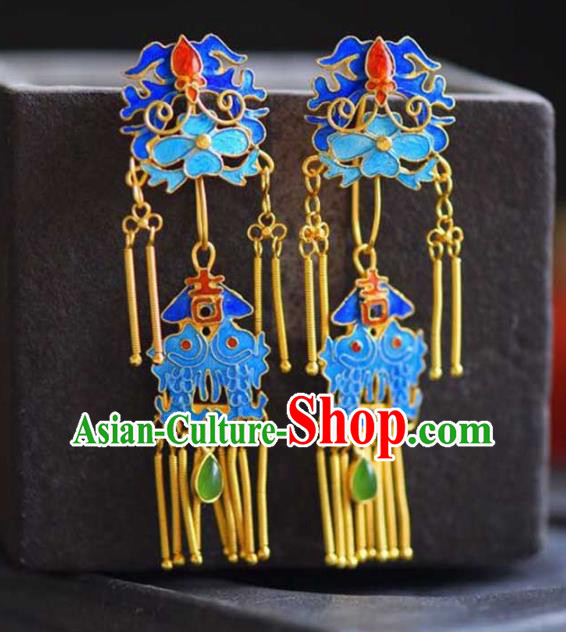 Handmade China Blueing Bat Eardrop Jewelry Traditional Accessories National Cheongsam Golden Tassel Earrings