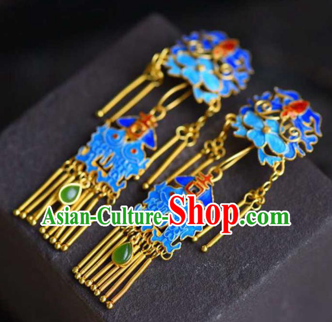 Handmade China Blueing Bat Eardrop Jewelry Traditional Accessories National Cheongsam Golden Tassel Earrings