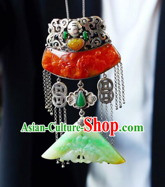 Chinese Classical Red Jade Carving Necklet Pendant Handmade Accessories National Silver Necklace Chinese Classical Red Jade Carving Necklet Pendant Handmade Accessories National Silver Necklace