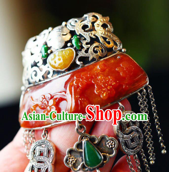 Chinese Classical Red Jade Carving Necklet Pendant Handmade Accessories National Silver Necklace Chinese Classical Red Jade Carving Necklet Pendant Handmade Accessories National Silver Necklace