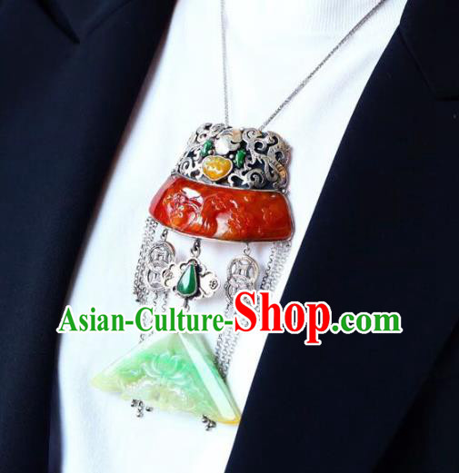 Chinese Classical Red Jade Carving Necklet Pendant Handmade Accessories National Silver Necklace Chinese Classical Red Jade Carving Necklet Pendant Handmade Accessories National Silver Necklace