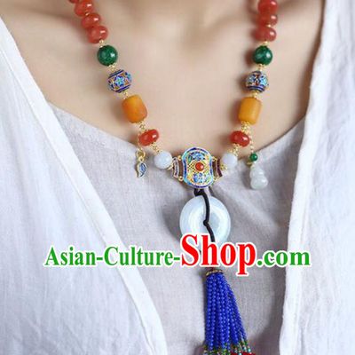 Chinese Classical Agate Necklet Pendant Handmade Jade Accessories National Blue Beads Tassel Necklace