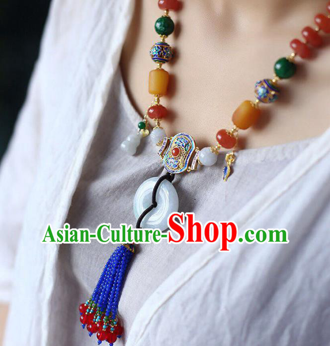 Chinese Classical Agate Necklet Pendant Handmade Jade Accessories National Blue Beads Tassel Necklace Chinese Classical Agate Necklet Pendant Handmade Jade Accessories National Blue Beads Tassel Necklace