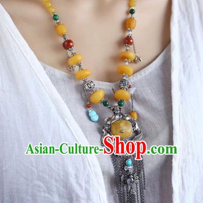 Chinese Classical Silver Carving Fish Necklet Pendant Handmade Beeswax Accessories National Tassel Necklace