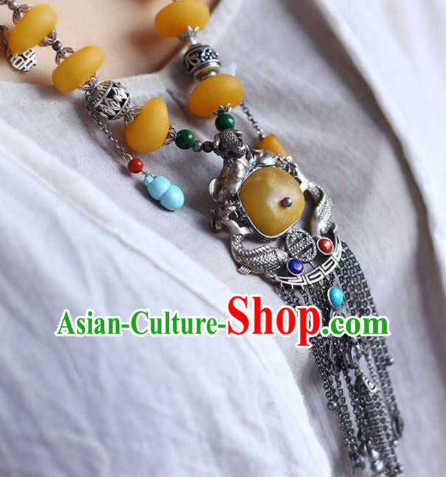 Chinese Classical Silver Carving Fish Necklet Pendant Handmade Beeswax Accessories National Tassel Necklace Chinese Classical Silver Carving Fish Necklet Pendant Handmade Beeswax Accessories National Tassel Necklace
