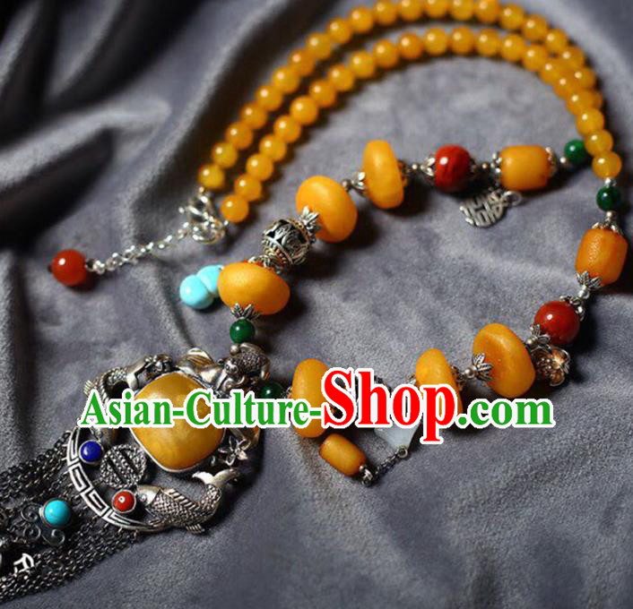 Chinese Classical Silver Carving Fish Necklet Pendant Handmade Beeswax Accessories National Tassel Necklace Chinese Classical Silver Carving Fish Necklet Pendant Handmade Beeswax Accessories National Tassel Necklace