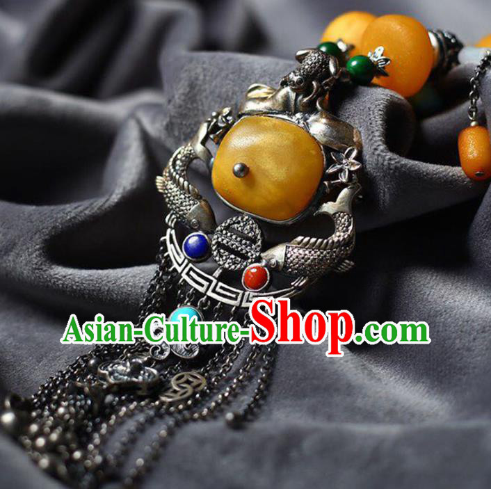 Chinese Classical Silver Carving Fish Necklet Pendant Handmade Beeswax Accessories National Tassel Necklace Chinese Classical Silver Carving Fish Necklet Pendant Handmade Beeswax Accessories National Tassel Necklace