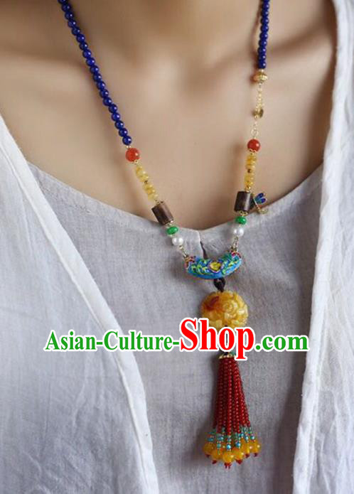 Chinese Classical Cloisonne Necklet Pendant Handmade Beeswax Accessories National Garnet Beads Tassel Necklace Chinese Classical Cloisonne Necklet Pendant Handmade Beeswax Accessories National Garnet Beads Tassel Necklace