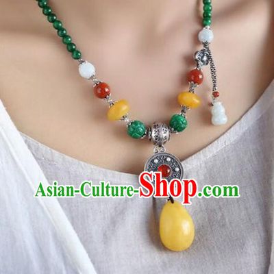 Chinese Classical Beeswax Necklet Pendant Handmade Silver Accessories National Jadeite Beads Necklace