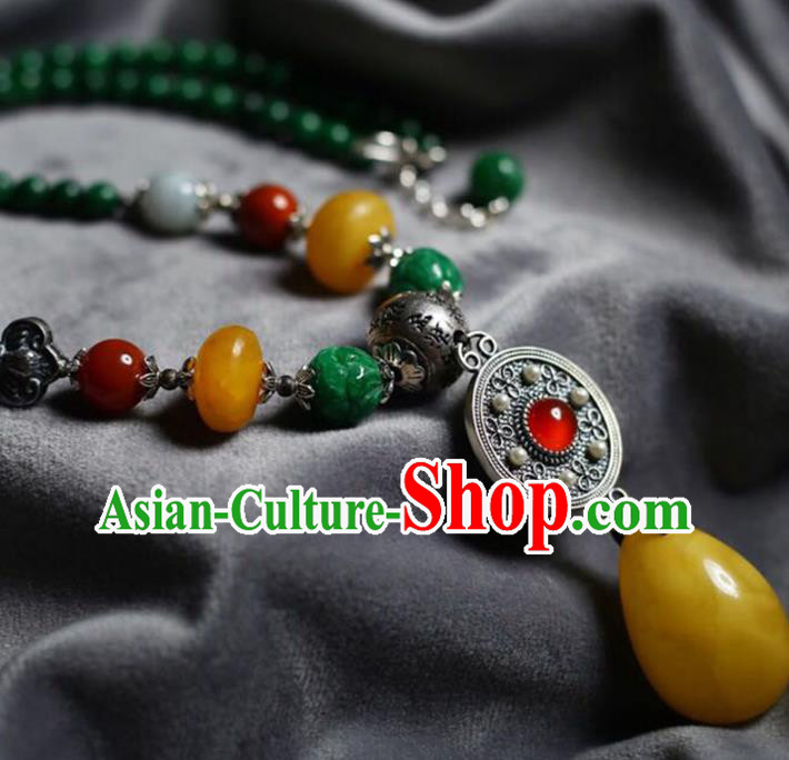 Chinese Classical Beeswax Necklet Pendant Handmade Silver Accessories National Jadeite Beads Necklace Chinese Classical Beeswax Necklet Pendant Handmade Silver Accessories National Jadeite Beads Necklace