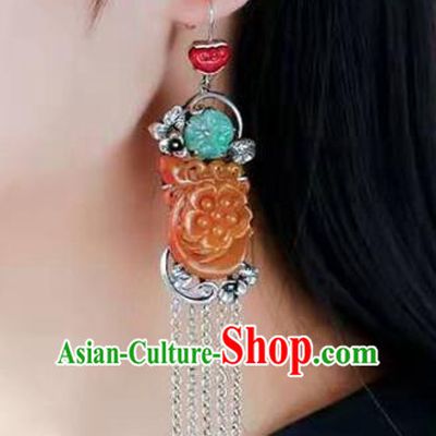 Handmade China National Earrings Traditional Silver Jewelry Accessories Cheongsam Yellow Jade Eardrop