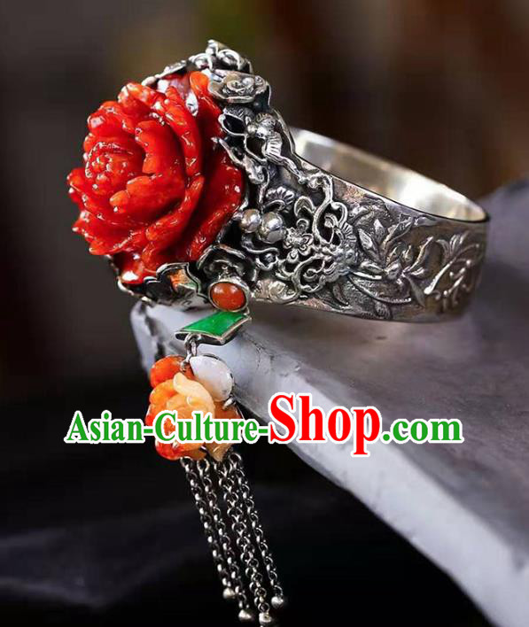 China Handmade Retro Silver Carving Bracelet Traditional Jewelry Accessories National Agate Peony Bangle China Handmade Retro Silver Carving Bracelet Traditional Jewelry Accessories National Agate Peony Bangle