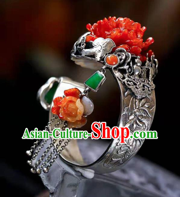 China Handmade Retro Silver Carving Bracelet Traditional Jewelry Accessories National Agate Peony Bangle China Handmade Retro Silver Carving Bracelet Traditional Jewelry Accessories National Agate Peony Bangle