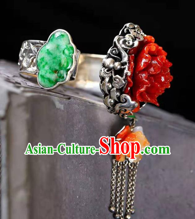 China Handmade Retro Silver Carving Bracelet Traditional Jewelry Accessories National Agate Peony Bangle China Handmade Retro Silver Carving Bracelet Traditional Jewelry Accessories National Agate Peony Bangle