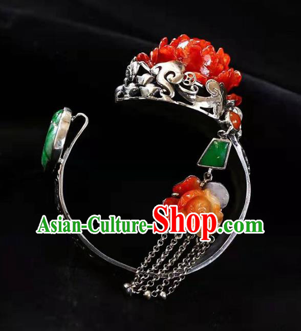 China Handmade Retro Silver Carving Bracelet Traditional Jewelry Accessories National Agate Peony Bangle China Handmade Retro Silver Carving Bracelet Traditional Jewelry Accessories National Agate Peony Bangle