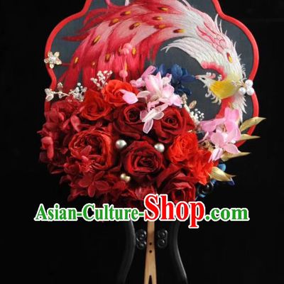 China Embroidered Phoenix Palace Fan Traditional Silk Fan Handmade Red Rose Wedding Fan