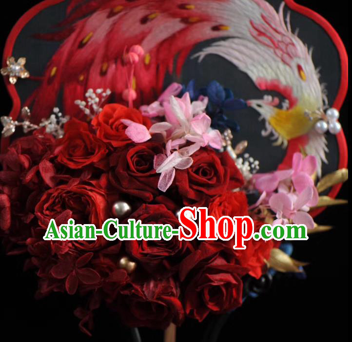 China Embroidered Phoenix Palace Fan Traditional Silk Fan Handmade Red Rose Wedding Fan China Embroidered Phoenix Palace Fan Traditional Silk Fan Handmade Red Rose Wedding Fan