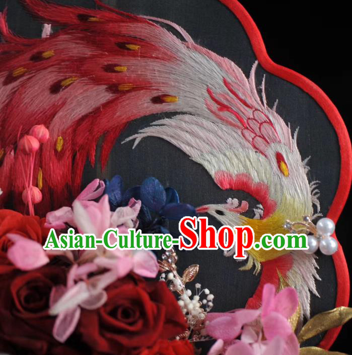 China Embroidered Phoenix Palace Fan Traditional Silk Fan Handmade Red Rose Wedding Fan China Embroidered Phoenix Palace Fan Traditional Silk Fan Handmade Red Rose Wedding Fan