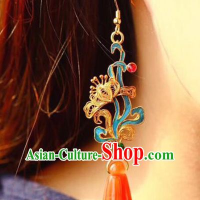 Handmade China Wedding Agate Eardrop Jewelry Traditional Cheongsam Accessories National Filigree Butterfly Earrings
