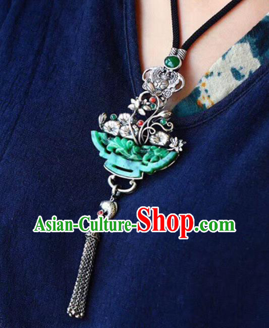 Chinese Classical Jadeite Carving Necklet Pendant Handmade Accessories National Silver Lotus Tassel Necklace Chinese Classical Jadeite Carving Necklet Pendant Handmade Accessories National Silver Lotus Tassel Necklace