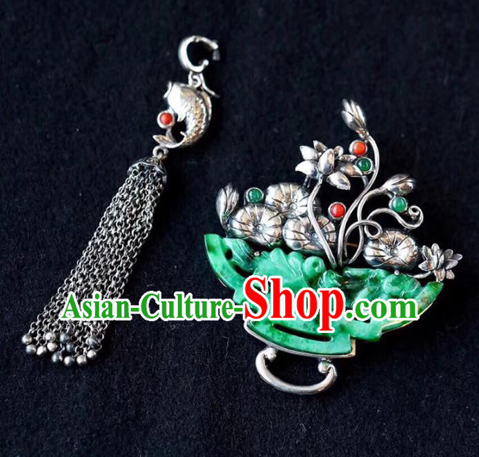 Chinese Classical Jadeite Carving Necklet Pendant Handmade Accessories National Silver Lotus Tassel Necklace Chinese Classical Jadeite Carving Necklet Pendant Handmade Accessories National Silver Lotus Tassel Necklace