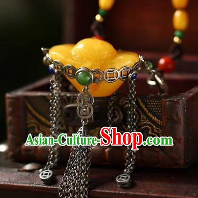 Chinese Classical Beeswax Golden Ingot Necklet Pendant Handmade Accessories National Silver Tassel Necklace