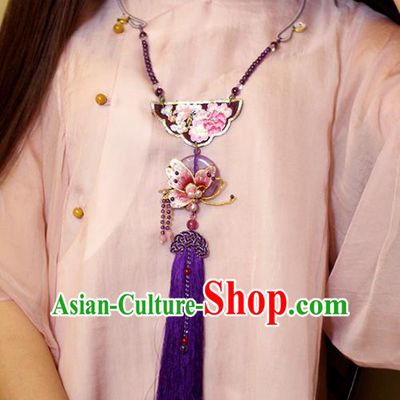 Chinese Classical Embroidered Butterfly Necklet Pendant Handmade Accessories National Purple Tassel Necklace