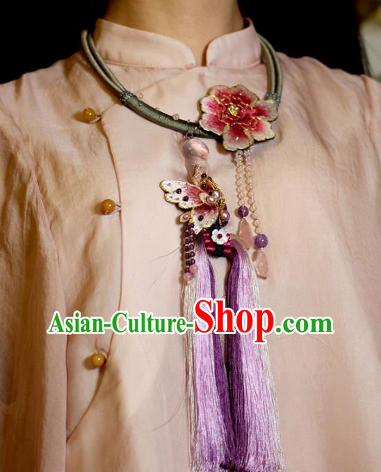 Chinese Classical Embroidered Peony Tassel Necklet Pendant Handmade Accessories National Silver Necklace Chinese Classical Embroidered Peony Tassel Necklet Pendant Handmade Accessories National Silver Necklace