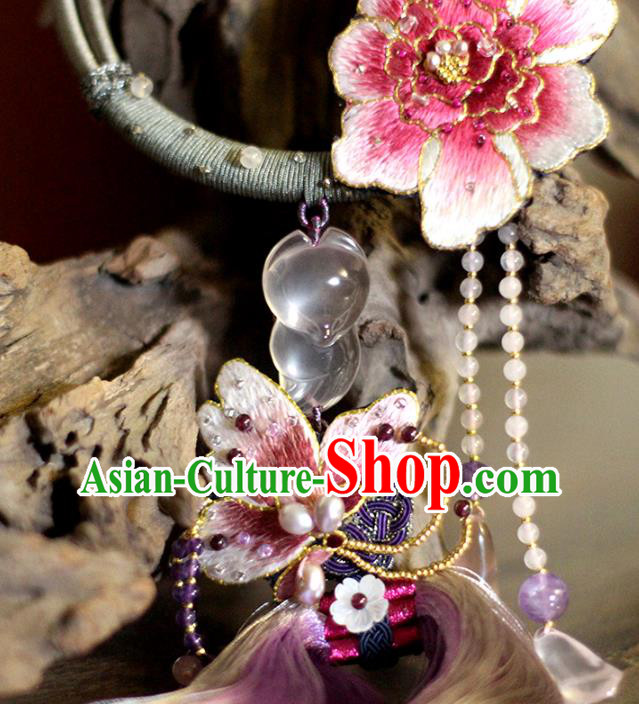 Chinese Classical Embroidered Peony Tassel Necklet Pendant Handmade Accessories National Silver Necklace Chinese Classical Embroidered Peony Tassel Necklet Pendant Handmade Accessories National Silver Necklace