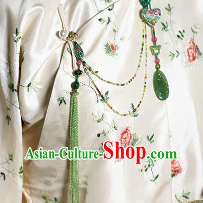 Chinese National Green Beads Tassel Brooch Jade Jewelry Traditional Handmade Cloisonne Accessories
