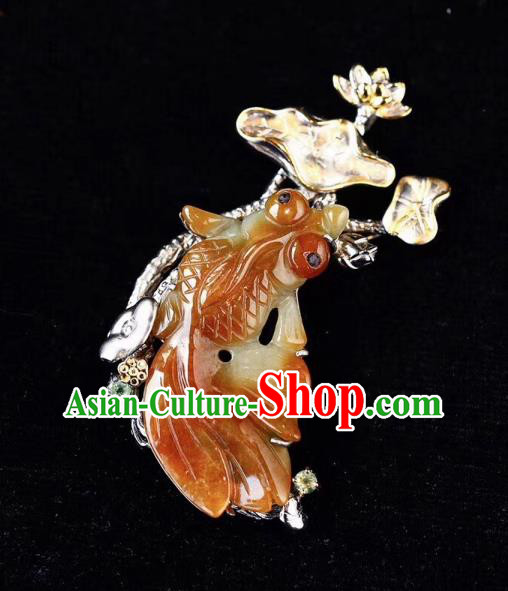 Chinese National Yellow Jade Goldfish Brooch Jewelry Traditional Handmade Silver Lotus Accessories Chinese National Yellow Jade Goldfish Brooch Jewelry Traditional Handmade Silver Lotus Accessories