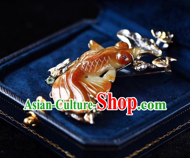 Chinese National Yellow Jade Goldfish Brooch Jewelry Traditional Handmade Silver Lotus Accessories Chinese National Yellow Jade Goldfish Brooch Jewelry Traditional Handmade Silver Lotus Accessories